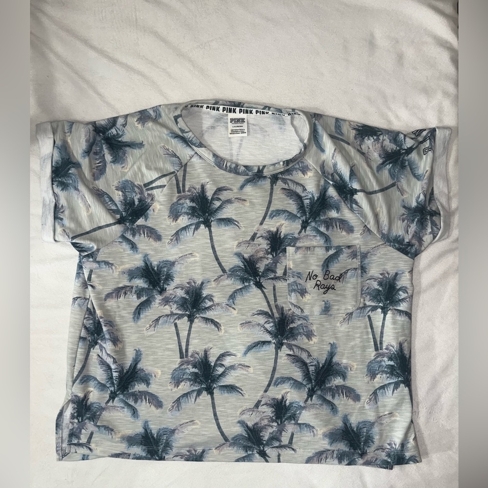 Victoria Secret Pink Crop Top Shirt Palm Trees No Bad Rays Size Large VS